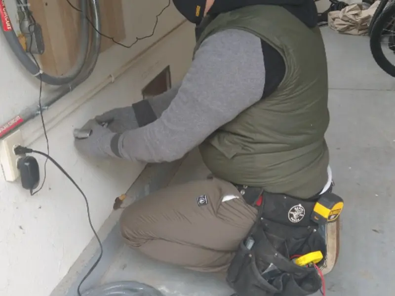 Electrician performing outlet wiring in a Melody Hill garage